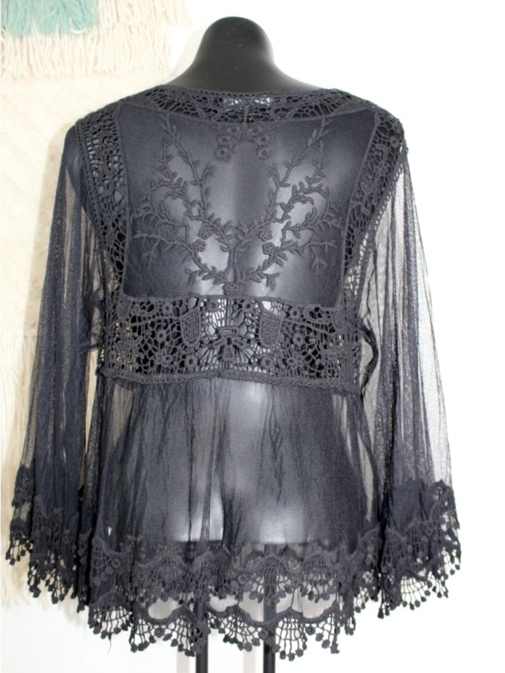 Shyanne Medium Black Sheer Lace Crochet Peplum Top Bell sleeve wester wear - Picture 5 of 9